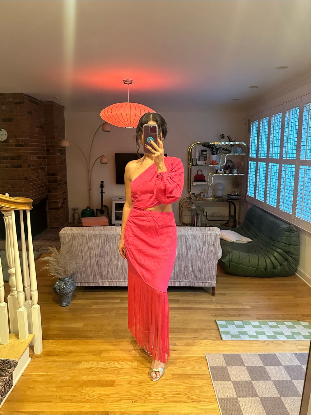 & Other Stories Wedding Guest One-Shoulder Fringe Midi Dress in Hot Pink